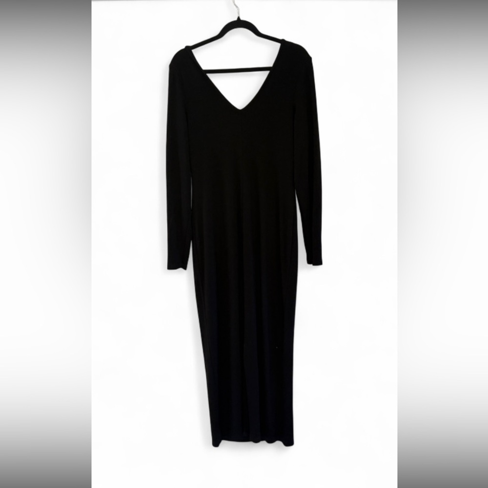 Marine Layer Lexi Rib V-Neck Black Tencel Maxi Dress Long Sleeve L - Picture 5 of 12